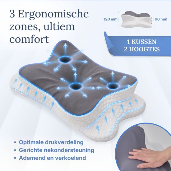 Zelrivo® Trio Vlinderkussen - Ergonomisch Hoofdkussen - 3 Zones Neksteun voor Nekklachten - Ademend - 2 Hoogtes - Voor Zijslaper Rugslaper Buikslaper - Traagschuim Memory Foam - Orthopedisch - Slaapkussen - Anti Snurk - 65x40cm
