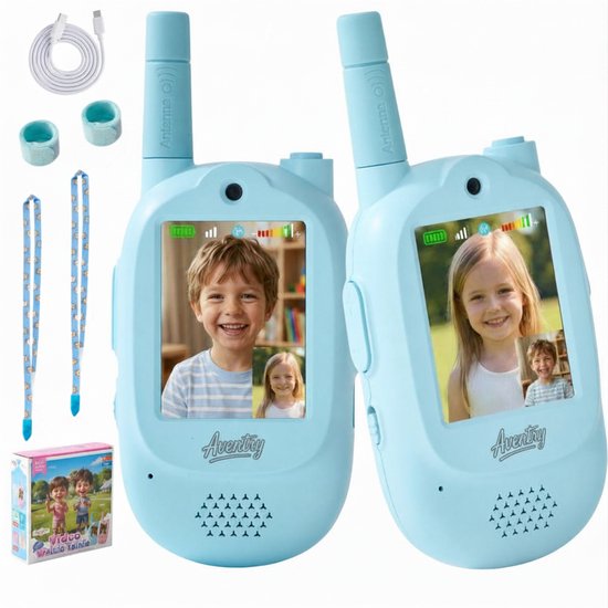 Aventry® Walkie Talkie voor Kinderen - Blauw - Video Walkie Talkie met Camera - Portofoon - Oplaadbaar - Handige Draagopties - Set van 2 Walkie Talkies - Klaar voor Gebruik - Blauw & Blauw