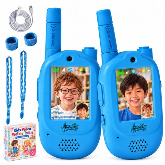 Aventry® Walkie Talkie voor Kinderen - Blauw - Video Walkie Talkie met Camera - Portofoon - Oplaadbaar - Handige Draagopties - Set van 2 Walkie Talkies - Klaar voor Gebruik - Vol Blauw & Vol Blauw