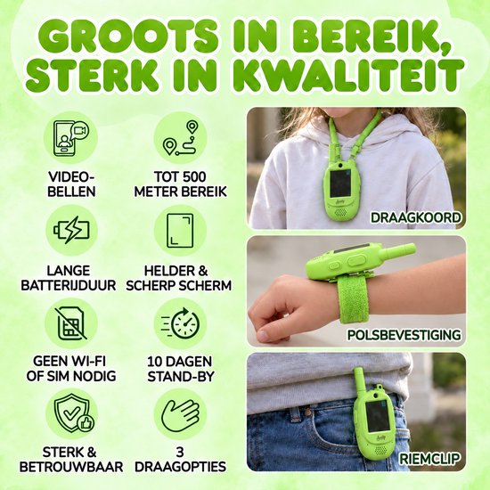 Aventry® Walkie Talkie voor Kinderen - Groen - Video Walkie Talkie met Camera - Portofoon - Oplaadbaar - Handige Draagopties - Set van 2 Walkie Talkies - Klaar voor Gebruik - Groen & Groen