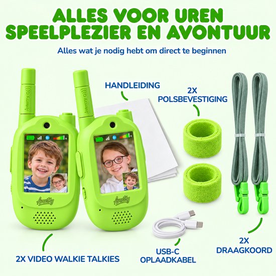 Aventry® Walkie Talkie voor Kinderen - Groen - Video Walkie Talkie met Camera - Portofoon - Oplaadbaar - Handige Draagopties - Set van 2 Walkie Talkies - Klaar voor Gebruik - Groen & Groen
