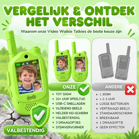 Aventry® Walkie Talkie voor Kinderen - Groen - Video Walkie Talkie met Camera - Portofoon - Oplaadbaar - Handige Draagopties - Set van 2 Walkie Talkies - Klaar voor Gebruik - Groen & Groen