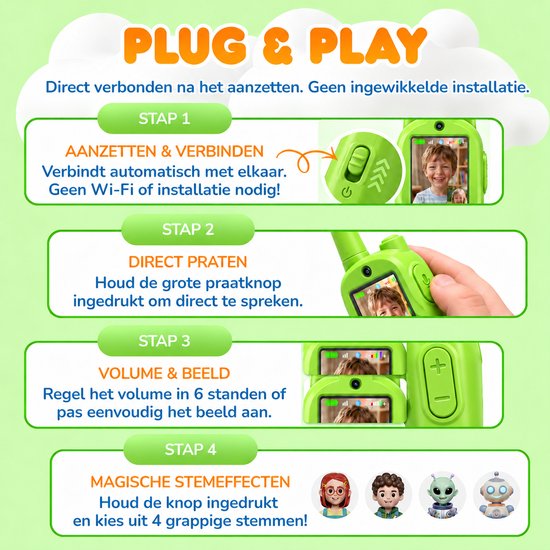 Aventry® Walkie Talkie voor Kinderen - Groen - Video Walkie Talkie met Camera - Portofoon - Oplaadbaar - Handige Draagopties - Set van 2 Walkie Talkies - Klaar voor Gebruik - Groen & Groen