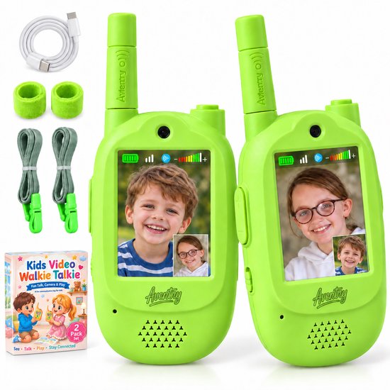 Aventry® Walkie Talkie voor Kinderen - Groen - Video Walkie Talkie met Camera - Portofoon - Oplaadbaar - Handige Draagopties - Set van 2 Walkie Talkies - Klaar voor Gebruik - Groen & Groen