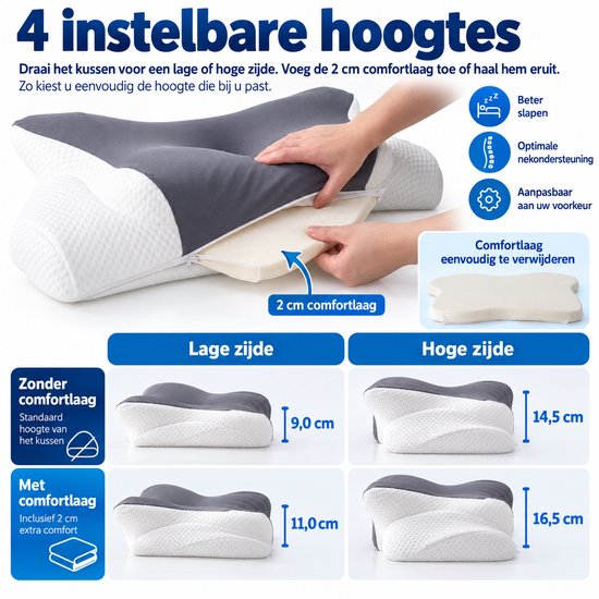 Zelrivo® Verso Vlinderkussen - Ergonomisch Hoofdkussen - Verstelbaar 4 Hoogtes Neksteun voor Nekklachten - 2 Hoezen - Voor Zijslaper Rugslaper Buikslaper - Traagschuim Memory Foam - Orthopedisch - Slaapkussen - Anti Snurk - 62x37cm