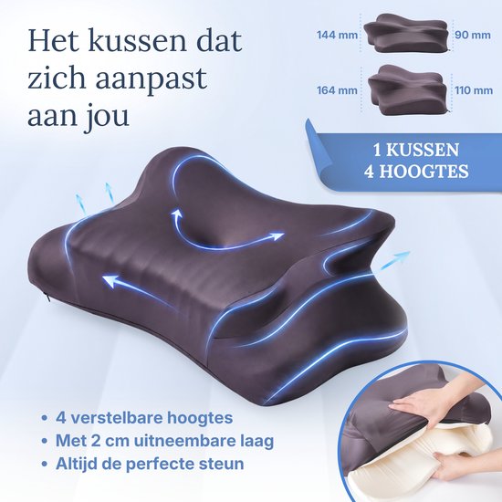 Zelrivo® Verso Vlinderkussen - Ergonomisch Hoofdkussen - Verstelbaar 4 Hoogtes Neksteun voor Nekklachten - 2 Hoezen - Voor Zijslaper Rugslaper Buikslaper - Traagschuim Memory Foam - Orthopedisch - Slaapkussen - Anti Snurk - 62x37cm