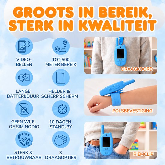 Aventry® Walkie Talkie voor Kinderen - Blauw - Video Walkie Talkie met Camera - Portofoon - Oplaadbaar - Handige Draagopties - Set van 2 Walkie Talkies - Klaar voor Gebruik - Vol Blauw & Vol Blauw