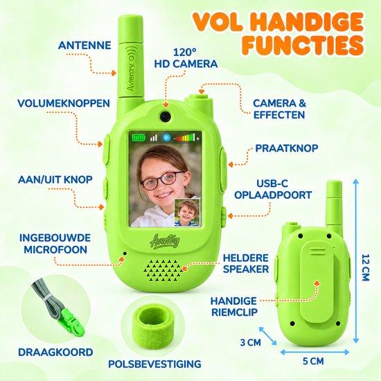 Aventry® Walkie Talkie voor Kinderen - Groen - Video Walkie Talkie met Camera - Portofoon - Oplaadbaar - Handige Draagopties - Set van 2 Walkie Talkies - Klaar voor Gebruik - Groen & Groen