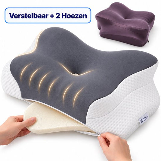 Zelrivo® Verso Vlinderkussen - Ergonomisch Hoofdkussen - Verstelbaar 4 Hoogtes Neksteun voor Nekklachten - 2 Hoezen - Voor Zijslaper Rugslaper Buikslaper - Traagschuim Memory Foam - Orthopedisch - Slaapkussen - Anti Snurk - 62x37cm