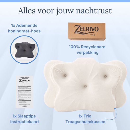 Zelrivo® Trio Vlinderkussen - Ergonomisch Hoofdkussen - 3 Zones Neksteun voor Nekklachten - Ademend - 2 Hoogtes - Voor Zijslaper Rugslaper Buikslaper - Traagschuim Memory Foam - Orthopedisch - Slaapkussen - Anti Snurk - 65x40cm