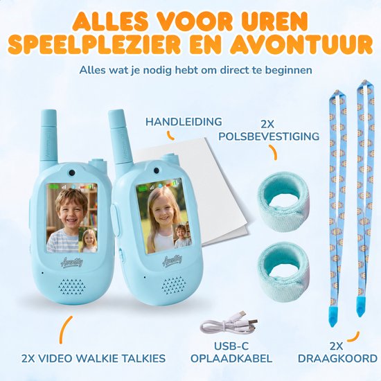 Aventry® Walkie Talkie voor Kinderen - Blauw - Video Walkie Talkie met Camera - Portofoon - Oplaadbaar - Handige Draagopties - Set van 2 Walkie Talkies - Klaar voor Gebruik - Blauw & Blauw